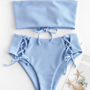 Lace Up Ribbed Strapless Bikini Set