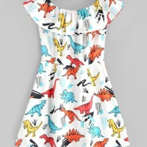 Button Up Off Shoulder Dinosaur Mini Dress - White S