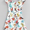 Button Up Off Shoulder Dinosaur Mini Dress - White S