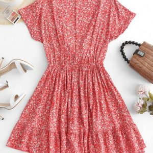 Floral Tie Front Mini Dress - Red Xl