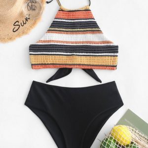 Striped Halter Smocked Tankini Swimsuit