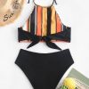 Striped Halter Smocked Tankini Swimsuit