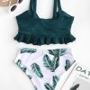 Ruffle Knot Leaf Print Tankini Swimsuit