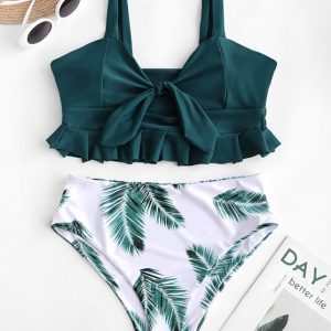 Ruffle Knot Leaf Print Tankini Swimsuit