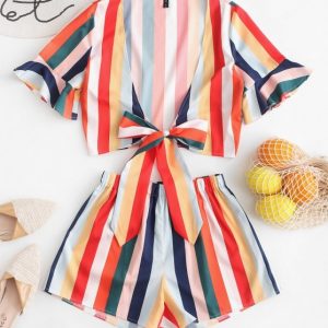 Rainbow Striped Tie Front Two Pieces Suit