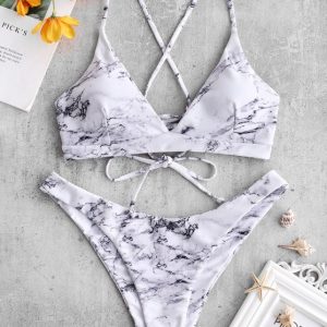 Cross Marble Lace-up Bikini Set - Multi