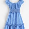 Smocked Frilled Raindrop Print Mini Dress - Blue S