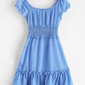 Smocked Frilled Raindrop Print Mini Dress - Blue S