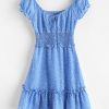 Smocked Frilled Raindrop Print Mini Dress - Blue S