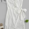 Lace-up Broderie Anglaise Non-slip Strapless Dress - Milk White