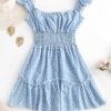 Smocked Printed Sleeveless A Line Dress - Light Blue Xl