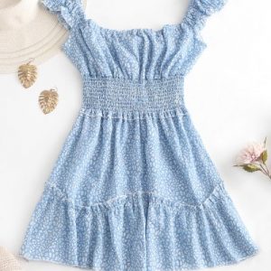 Smocked Printed Sleeveless A Line Dress - Light Blue Xl