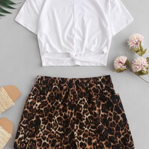 Twist Leopard Print Crop Two Pieces Suit