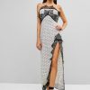 Lace Insert Polka Dot Slit Dress - White L