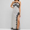 Lace Insert Polka Dot Slit Dress - White L