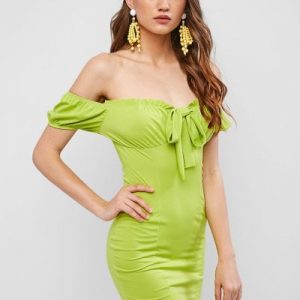 Off Shoulder Ruffles Knotted Bodycon Dress - Salad Green M