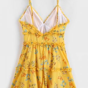 Ruffle Trim Gingham Tiny Floral A Line Cami Dress