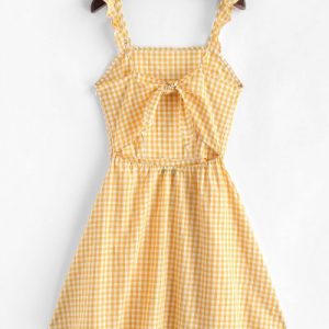 Knotted Back A Line Gingham Dress - Yellow L