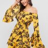 Flower Off Shoulder Flare Sleeve Dress - Bee Yellow L