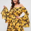 Flower Off Shoulder Flare Sleeve Dress - Bee Yellow L