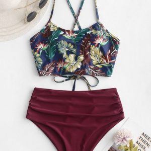 Leaf Print Crisscross Ruched Tankini Swimsuit