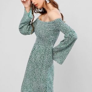 Smocked Ditsy Floral Off Shoulder Mini Dress - Green L