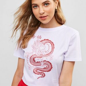 Short Sleeve Dragon Graphic Cropped Tee