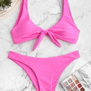 Knotted Plunge Bikini Swimsuit - Neon Pink