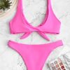 Knotted Plunge Bikini Swimsuit - Neon Pink