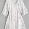 Mesh Panel Broderie Anglaise Tunic Dress - White S