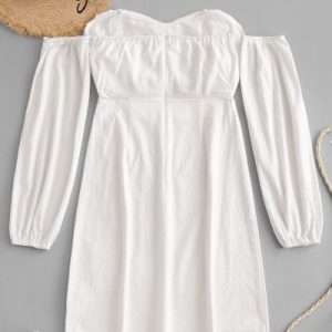 Cut Out Off Shoulder Short Long Sleeve Dress - Milk White S