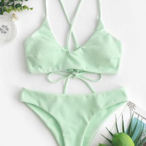 Criss Cross Textured Padded Bikini Swimsuit - Mint Green