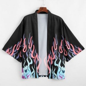 Flame Print Open Front Kimono Cardigan