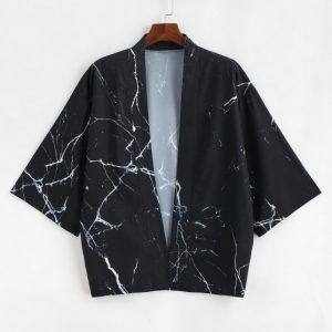 Marble Grain Print Open Front Kimono Cardigan