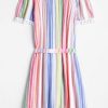 Pompom Trim Striped Off Shoulder Belted Dress - Multi-a S