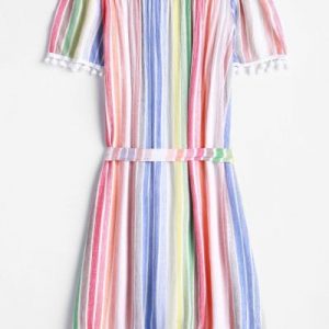 Pompom Trim Striped Off Shoulder Belted Dress - Multi-a S