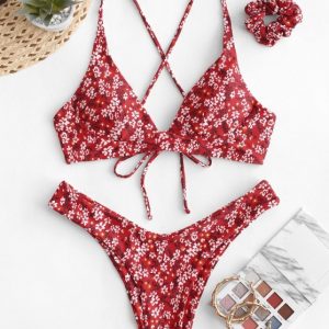 Tiny Floral Criss Cross Bikini Swimsuit With Hair Tie - Lava Red