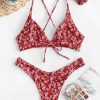 Tiny Floral Criss Cross Bikini Swimsuit With Hair Tie - Lava Red