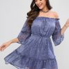 Off Shoulder Ruffle Star Mini Dress - Blue Gray Xl