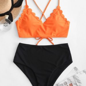 Scalloped Lace Up Color Block Tankini Swimsuit