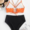 Scalloped Lace Up Color Block Tankini Swimsuit