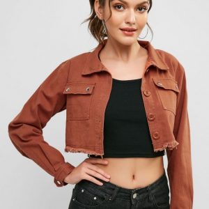 Pockets Frayed Hem Crop Denim Jacket