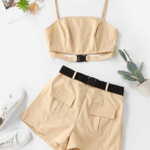 Buckle Zip Pocket Belted Two Piece Shorts Set