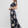 Spilt Sleeve Floral Print Maxi Wrap Dress - Deep Blue M