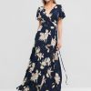 Spilt Sleeve Floral Print Maxi Wrap Dress - Deep Blue M