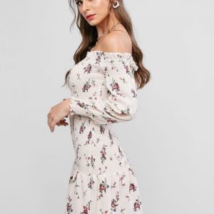 Off Shoulder Smocked Tiny Floral Ruffles Dress - Warm White M