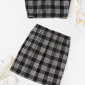 Houndstooth Plaid Bandeau Two Piece Dress