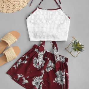 Lace Panel Tied Back Floral Two Piece Set