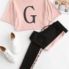 Letter Graphic Two Tone Drawstring Two Piece Set