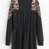 Leopard Insert Front Zipper Long Sleeve Dress - Black M